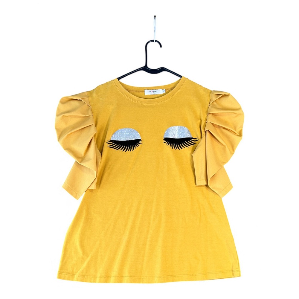 in2you Girls Mustard Yellow Emoji‎ Eyes Puffy Sleeve Tunic Top Size 10